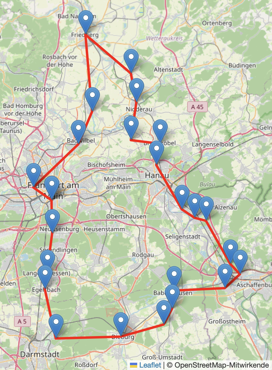 Übersichtskarte der Dampfsonderfahrt Rund um Frankfurt - © OpenStreetMap-Mitwirkende